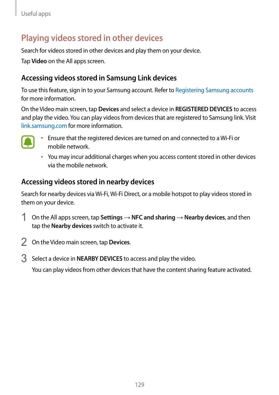Playing videos stored in other devices | Samsung Galaxy Note Edge User Manual | Page 129 / 208