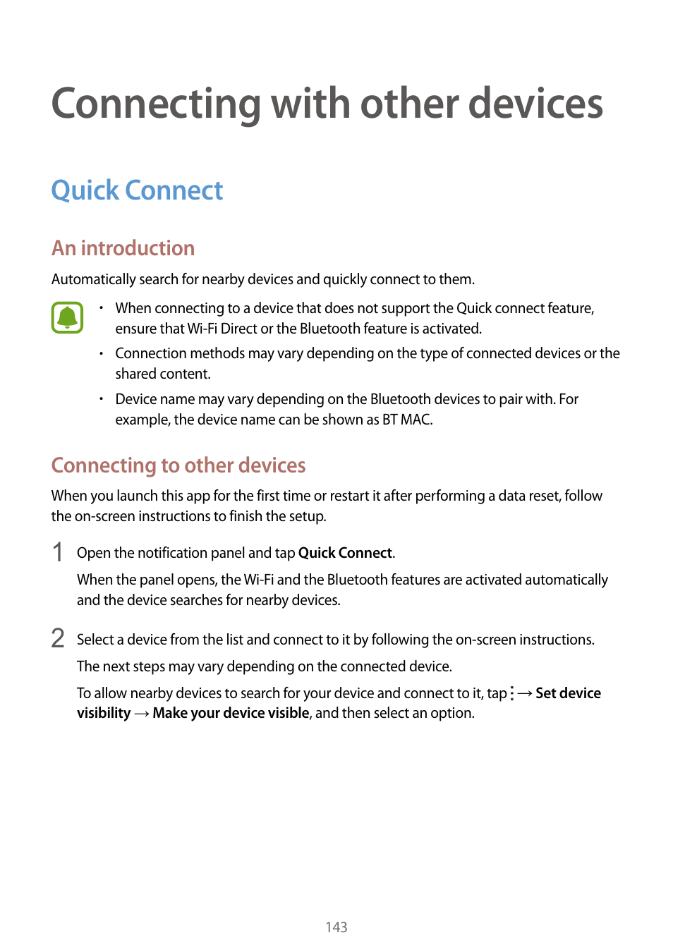 Connecting with other devices, Quick connect, Connecting with other | Devices, 143 quick connect, An introduction, Connecting to other devices | Samsung Galaxy Note Edge User Manual | Page 143 / 208