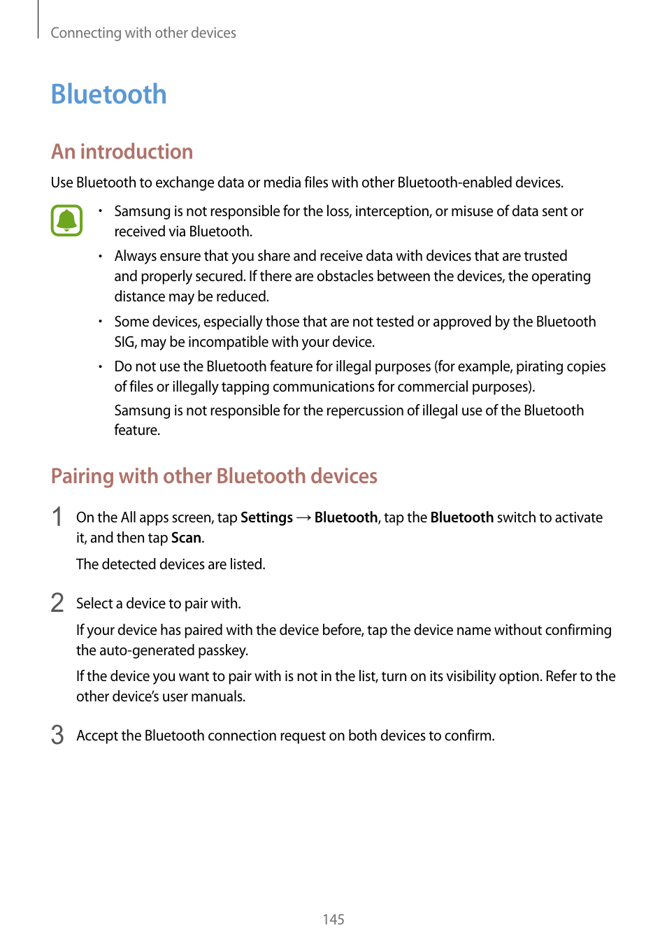 Bluetooth, 145 bluetooth, An introduction | Pairing with other bluetooth devices | Samsung Galaxy Note Edge User Manual | Page 145 / 208