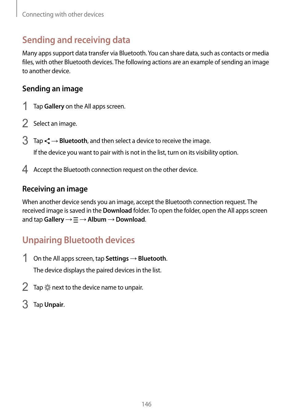 Sending and receiving data, Unpairing bluetooth devices | Samsung Galaxy Note Edge User Manual | Page 146 / 208