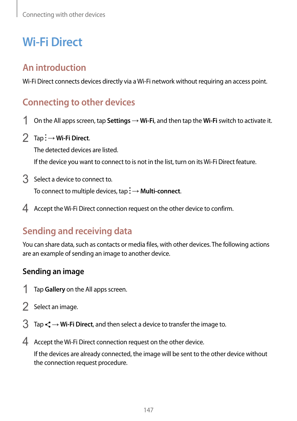 Wi-fi direct, 147 wi-fi direct, An introduction | Connecting to other devices, Sending and receiving data | Samsung Galaxy Note Edge User Manual | Page 147 / 208