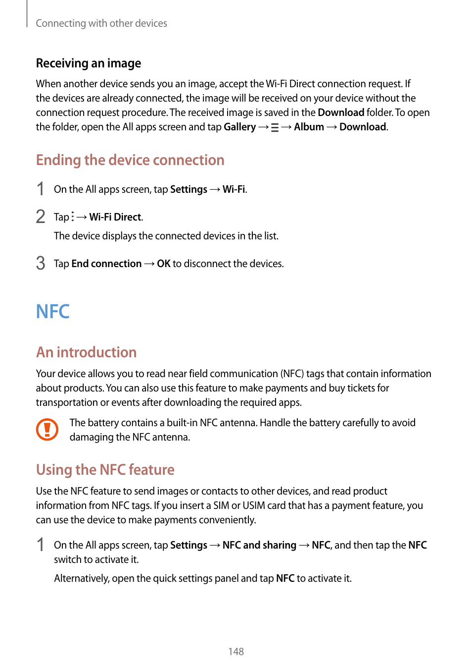 148 nfc, Ending the device connection, An introduction | Using the nfc feature | Samsung Galaxy Note Edge User Manual | Page 148 / 208