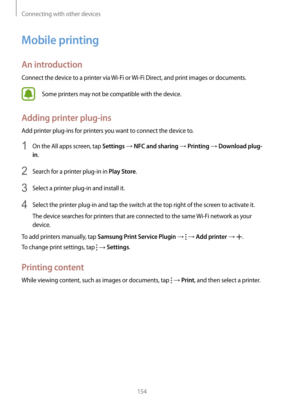 Mobile printing, 154 mobile printing, An introduction | Adding printer plug-ins, Printing content | Samsung Galaxy Note Edge User Manual | Page 154 / 208