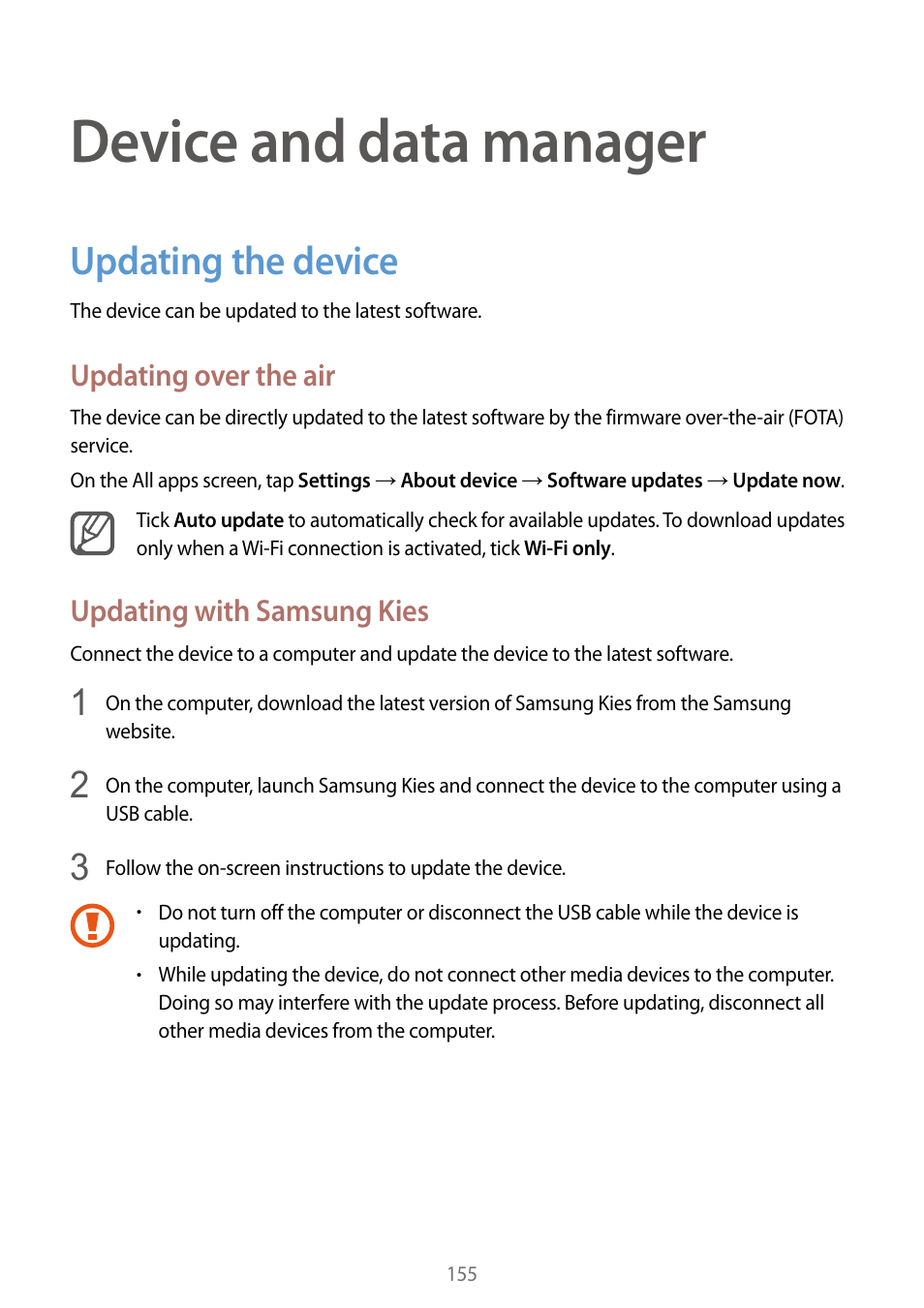 Device & data manager, Updating the device, 155 updating the device | Device and data manager, Updating over the air, Updating with samsung kies | Samsung Galaxy Note Edge User Manual | Page 155 / 208