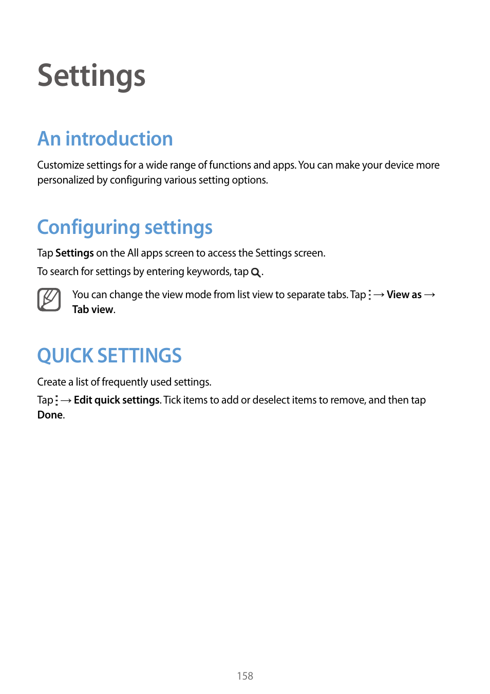 Settings, An introduction, Configuring settings | Quick settings | Samsung Galaxy Note Edge User Manual | Page 158 / 208