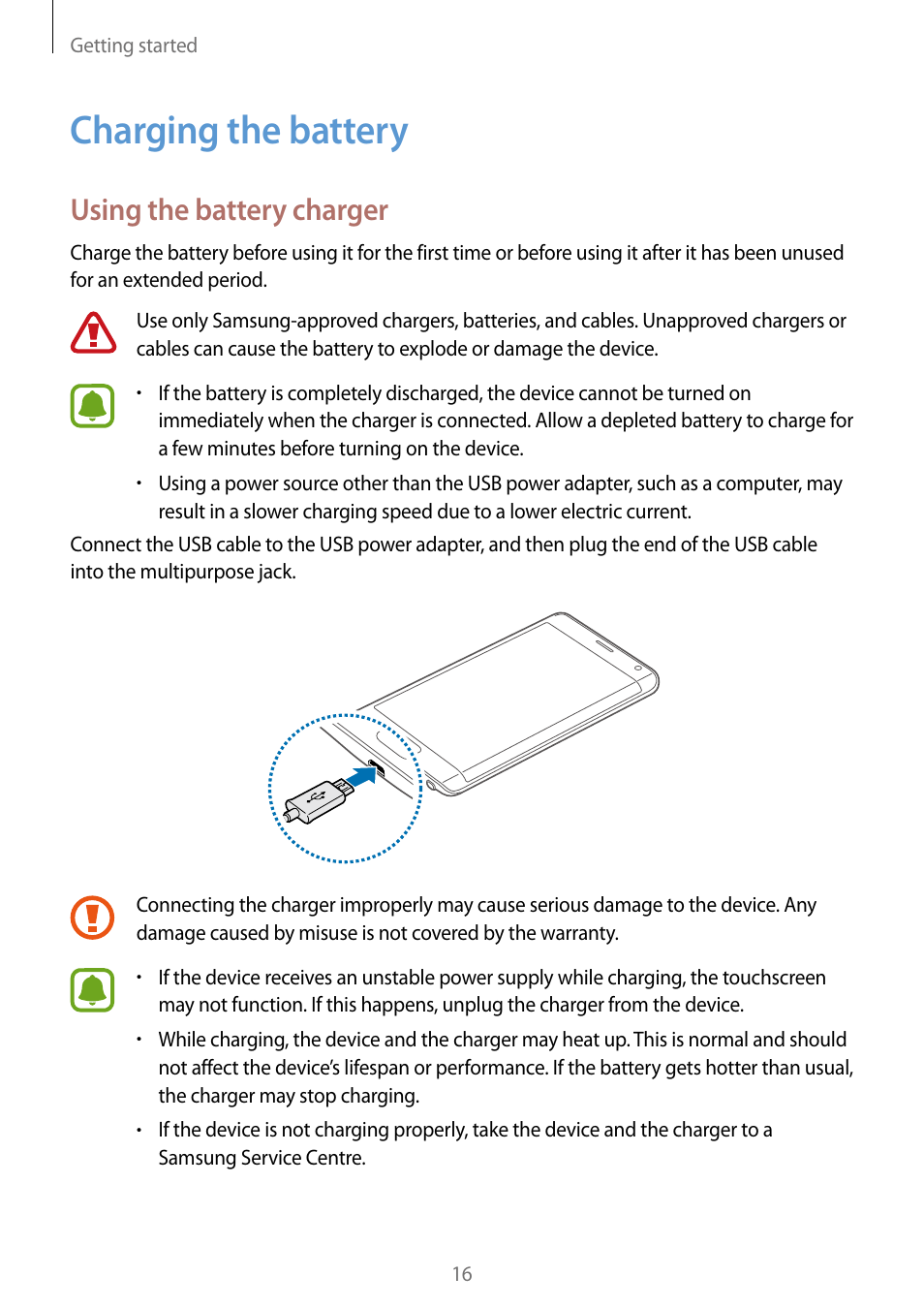 Charging the battery, 16 charging the battery, Using the battery charger | Samsung Galaxy Note Edge User Manual | Page 16 / 208