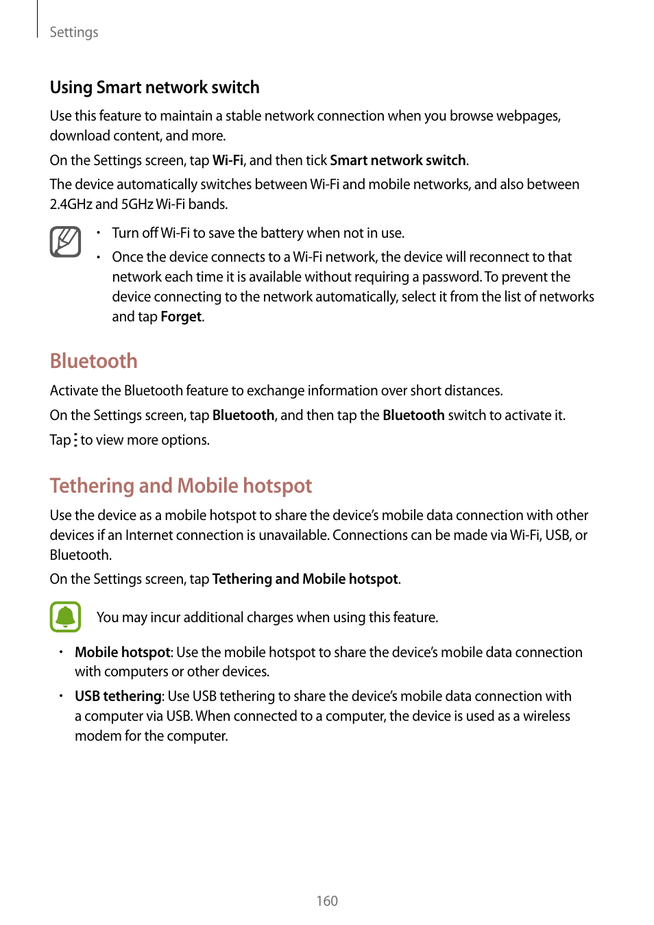 Bluetooth, Tethering and mobile hotspot, Using smart network switch | Samsung Galaxy Note Edge User Manual | Page 160 / 208