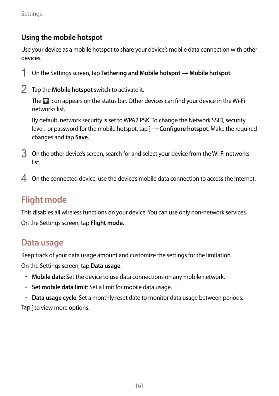 Flight mode, Data usage | Samsung Galaxy Note Edge User Manual | Page 161 / 208