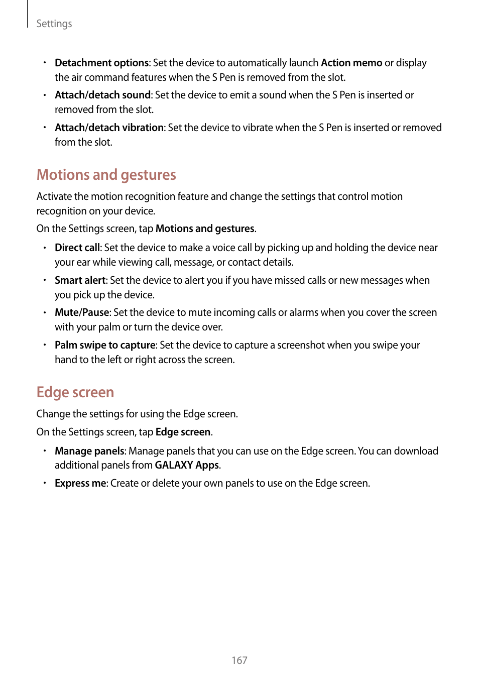 Motions and gestures, Edge screen | Samsung Galaxy Note Edge User Manual | Page 167 / 208