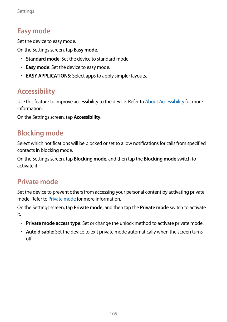 Easy mode, Accessibility, Blocking mode | Private mode | Samsung Galaxy Note Edge User Manual | Page 169 / 208