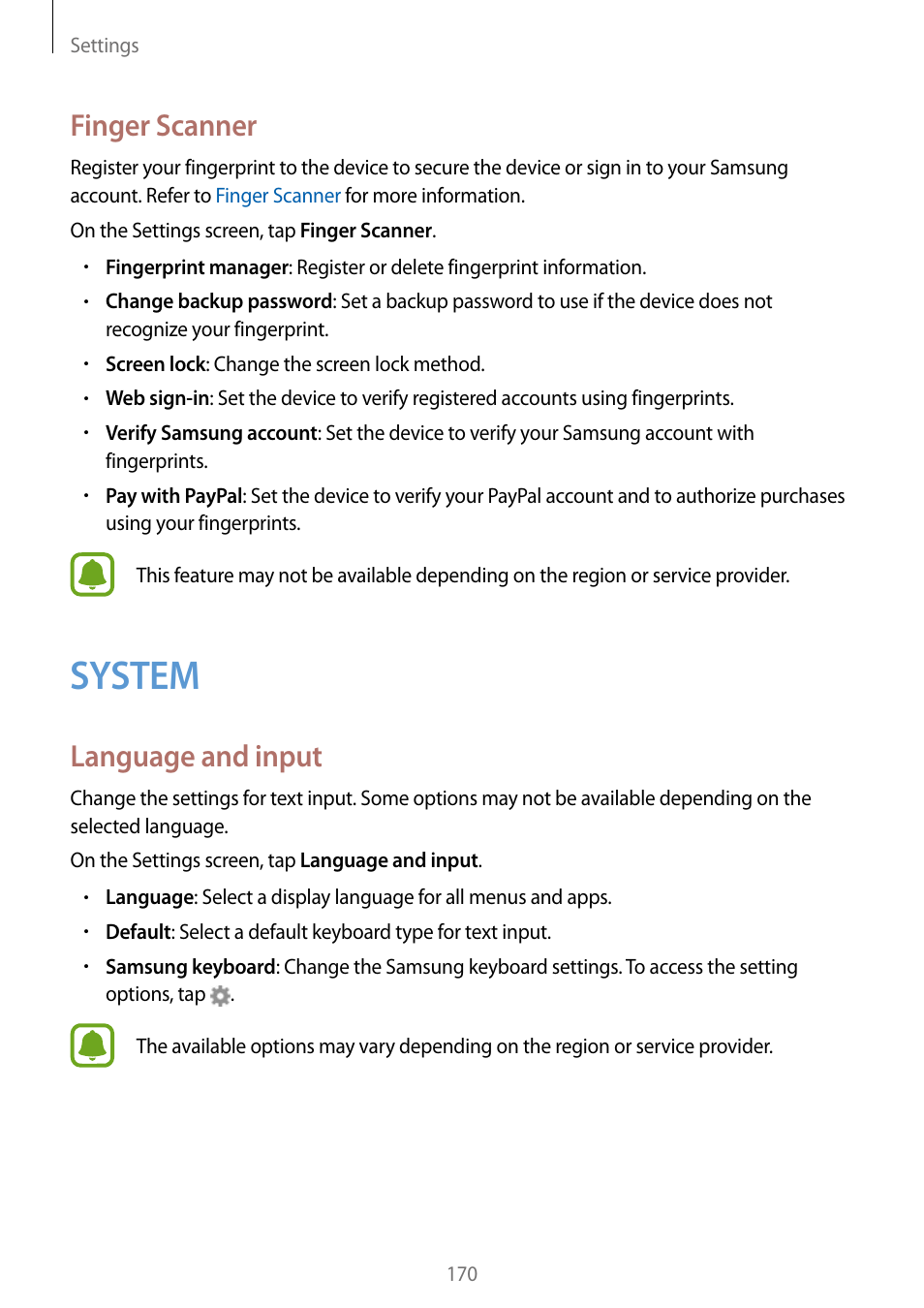 System, 170 system, Finger scanner | Language and input | Samsung Galaxy Note Edge User Manual | Page 170 / 208