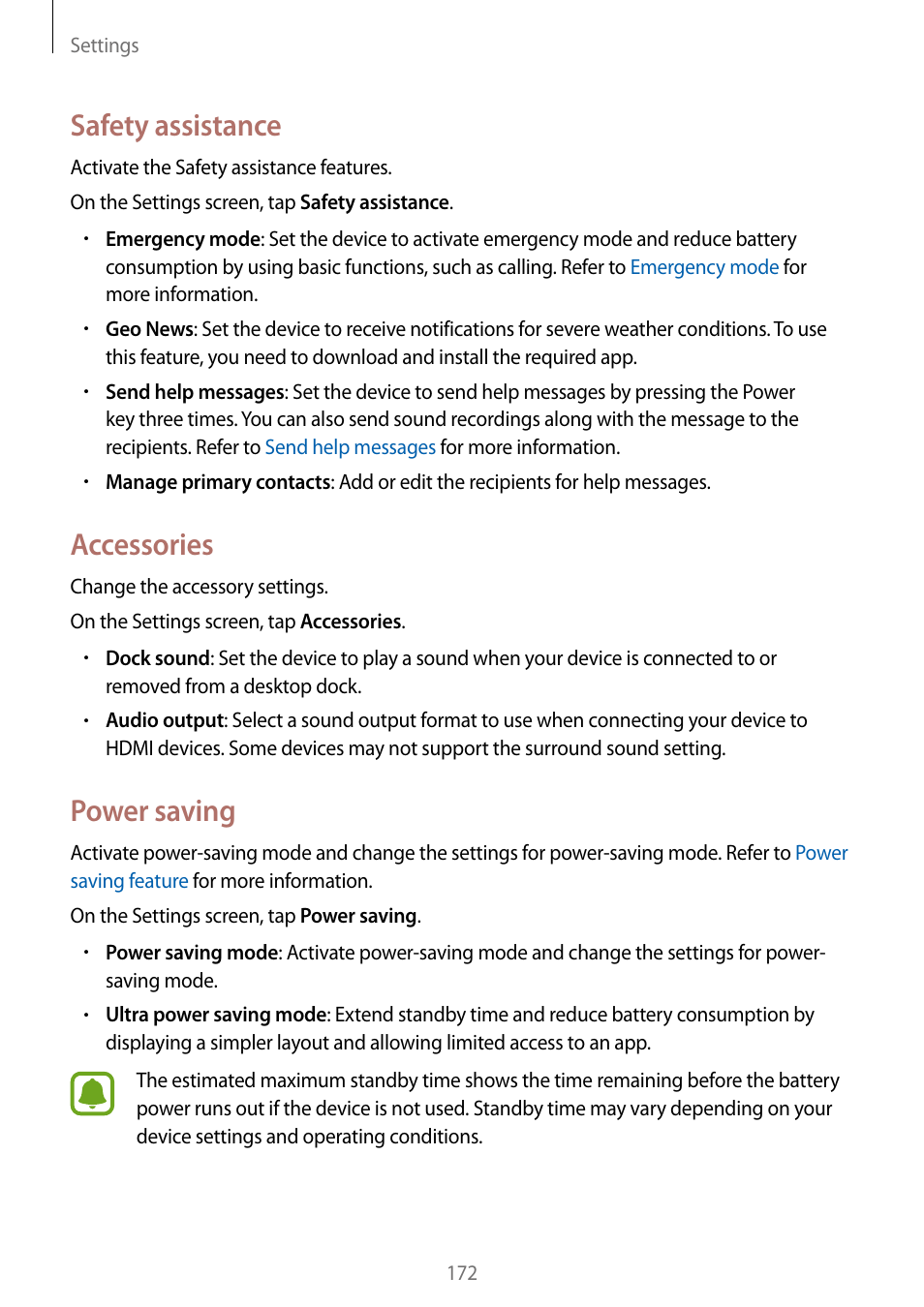 Safety assistance, Accessories, Power saving | Samsung Galaxy Note Edge User Manual | Page 172 / 208