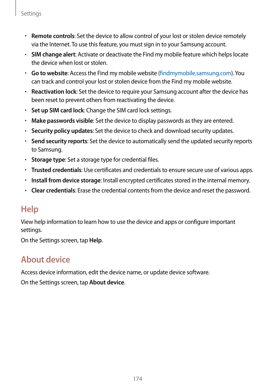 Help, About device | Samsung Galaxy Note Edge User Manual | Page 174 / 208