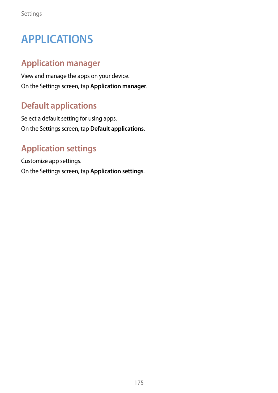 Applications, 175 applications, Application manager | Default applications, Application settings | Samsung Galaxy Note Edge User Manual | Page 175 / 208