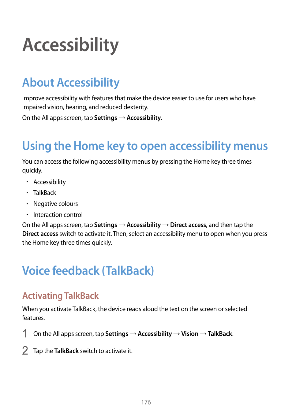 Accessibility, About accessibility, Using the home key to open accessibility menus | Voice feedback (talkback), Accessibility menus, 176 voice feedback (talkback) | Samsung Galaxy Note Edge User Manual | Page 176 / 208