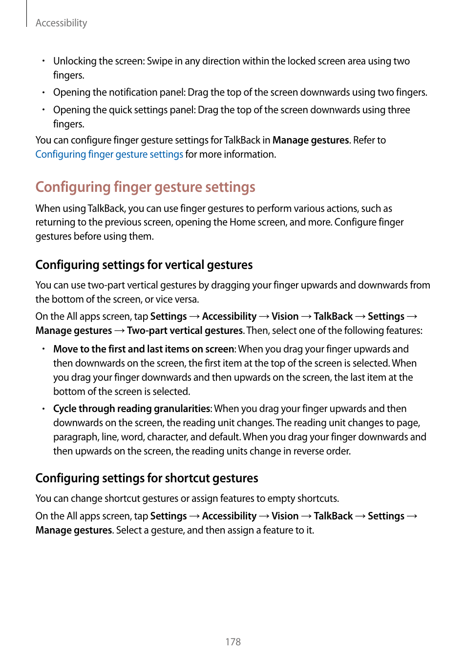 Configuring finger gesture settings, Configuring settings for vertical gestures, Configuring settings for shortcut gestures | Samsung Galaxy Note Edge User Manual | Page 178 / 208