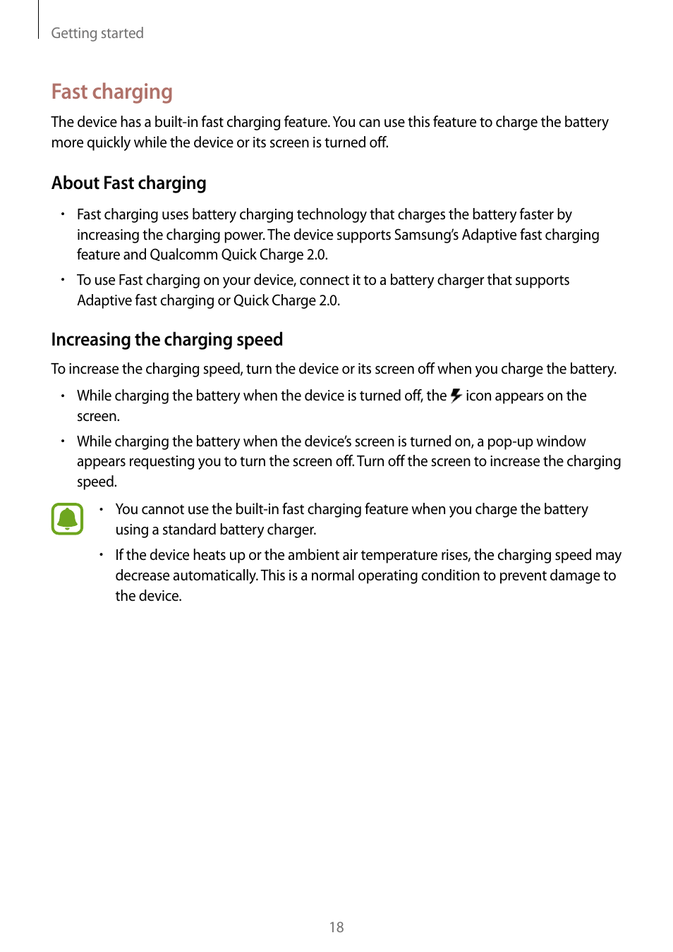 Fast charging, About fast charging, Increasing the charging speed | Samsung Galaxy Note Edge User Manual | Page 18 / 208