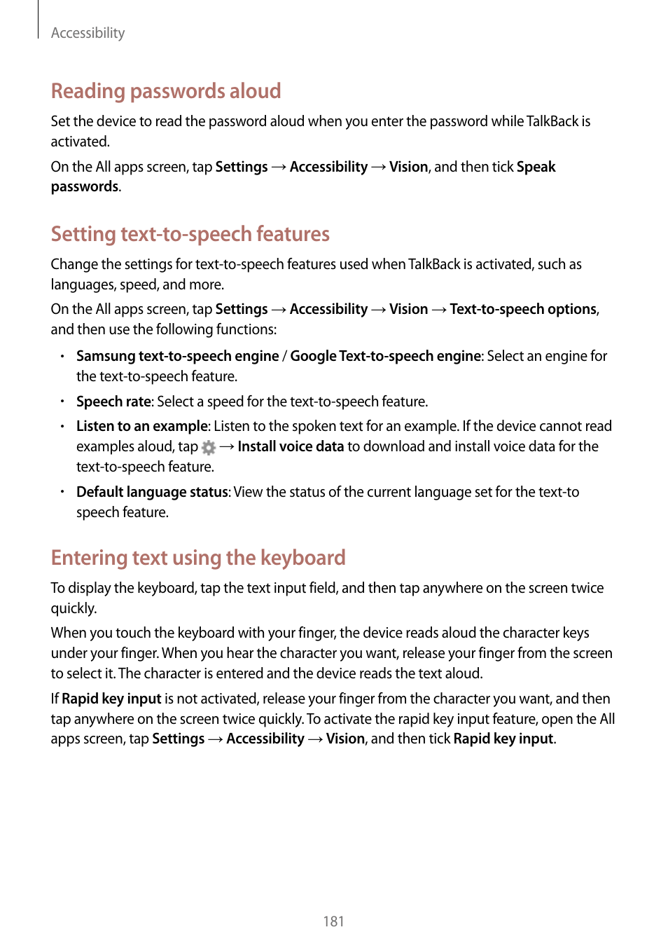 Reading passwords aloud, Setting text-to-speech features, Entering text using the keyboard | Samsung Galaxy Note Edge User Manual | Page 181 / 208