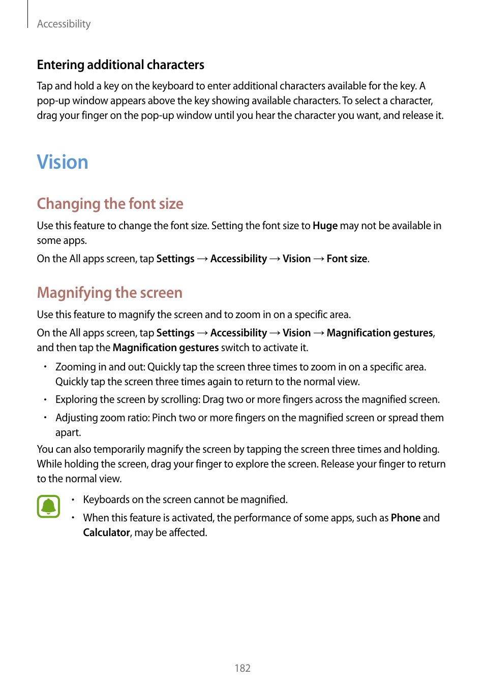 Vision, 182 vision, Changing the font size | Magnifying the screen | Samsung Galaxy Note Edge User Manual | Page 182 / 208