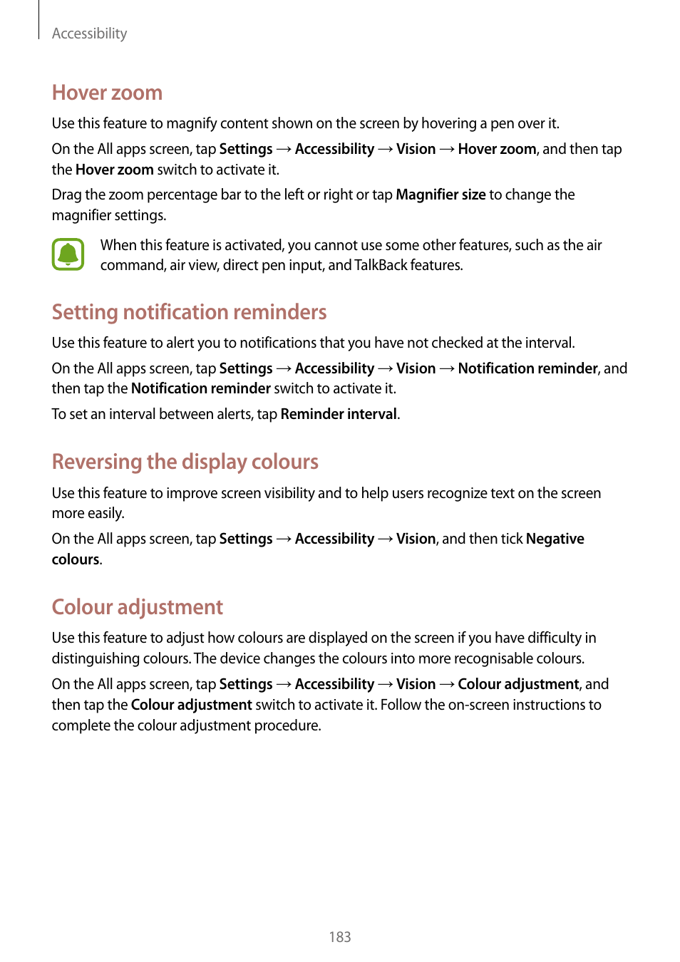 Hover zoom, Setting notification reminders, Reversing the display colours | Colour adjustment | Samsung Galaxy Note Edge User Manual | Page 183 / 208