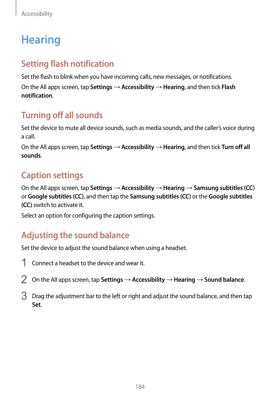 Hearing, 184 hearing, Setting flash notification | Turning off all sounds, Caption settings, Adjusting the sound balance | Samsung Galaxy Note Edge User Manual | Page 184 / 208