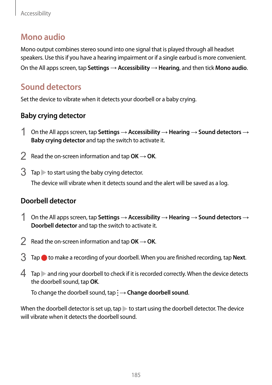 Mono audio, Sound detectors | Samsung Galaxy Note Edge User Manual | Page 185 / 208