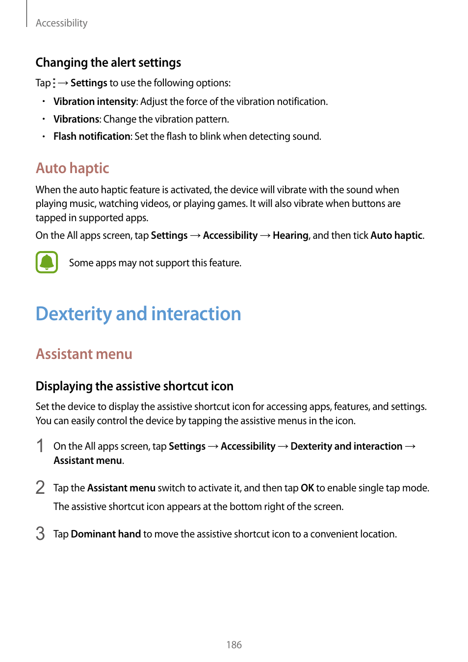 Dexterity and interaction, 186 dexterity and interaction, Auto haptic | Assistant menu | Samsung Galaxy Note Edge User Manual | Page 186 / 208