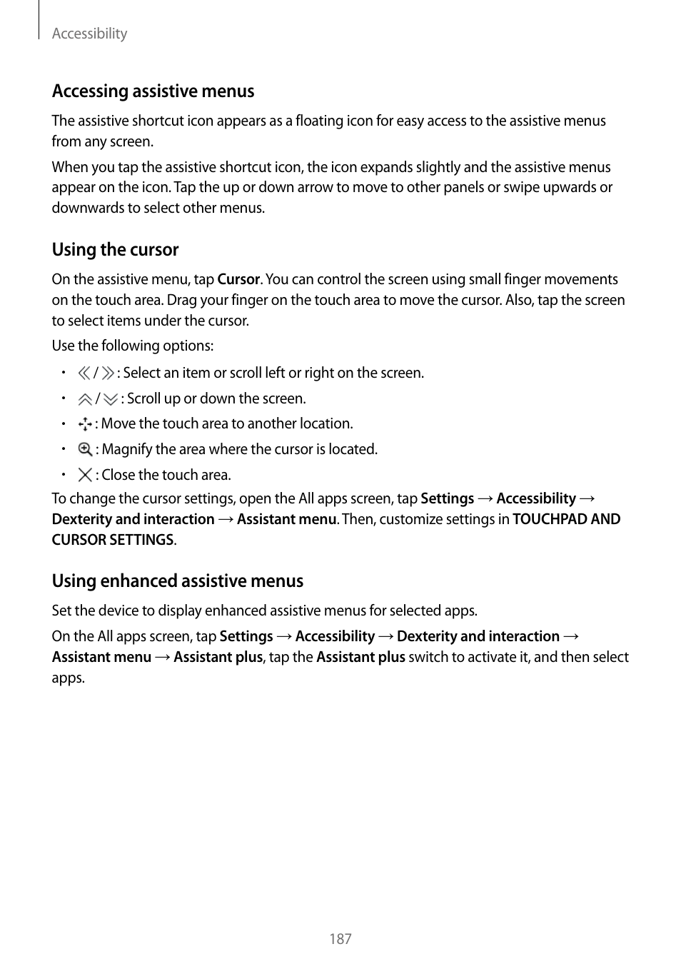 Accessing assistive menus, Using the cursor, Using enhanced assistive menus | Samsung Galaxy Note Edge User Manual | Page 187 / 208