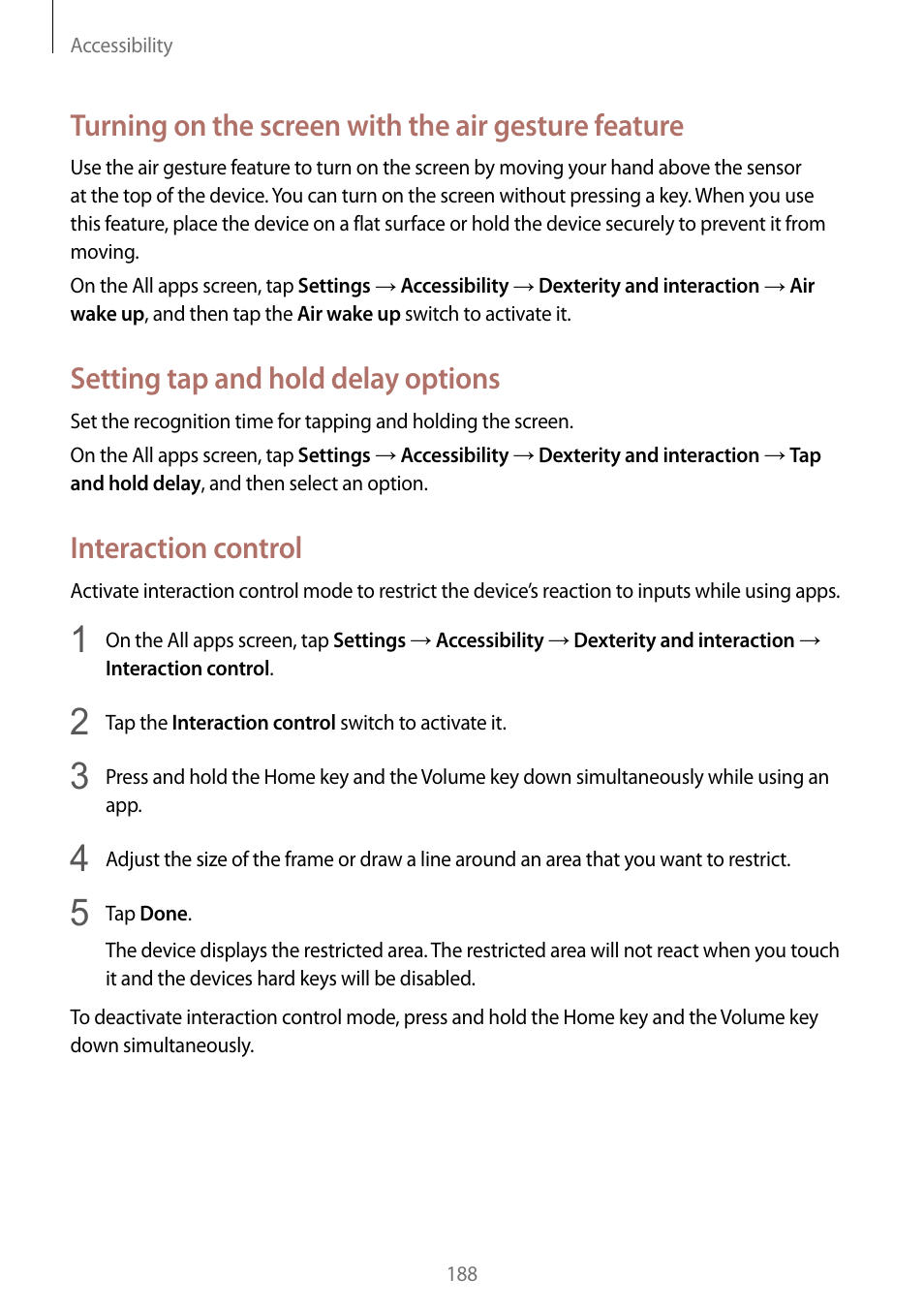 Turning on the screen with the air gesture feature, Setting tap and hold delay options, Interaction control | Samsung Galaxy Note Edge User Manual | Page 188 / 208