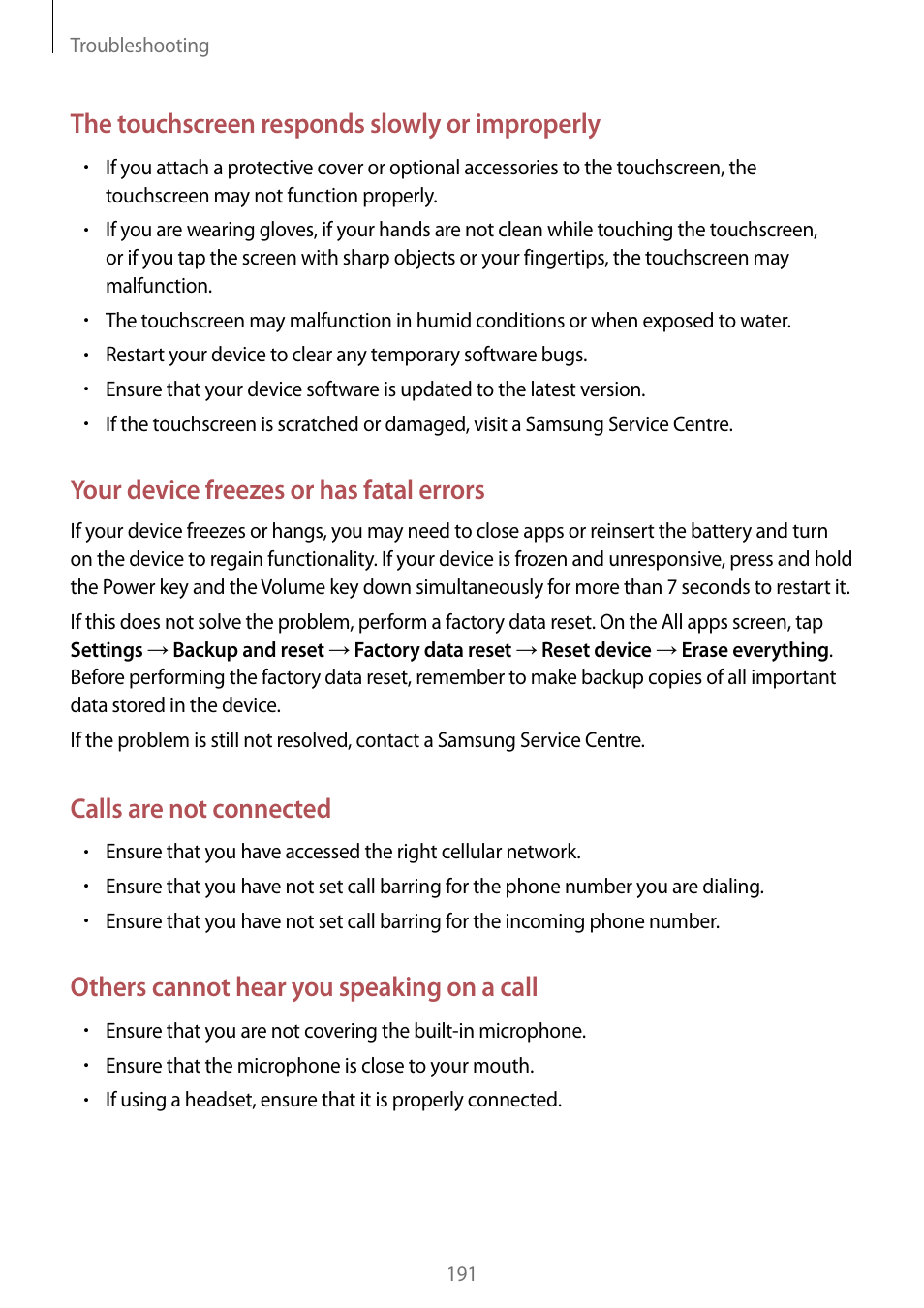 The touchscreen responds slowly or improperly, Your device freezes or has fatal errors, Calls are not connected | Others cannot hear you speaking on a call | Samsung Galaxy Note Edge User Manual | Page 191 / 208
