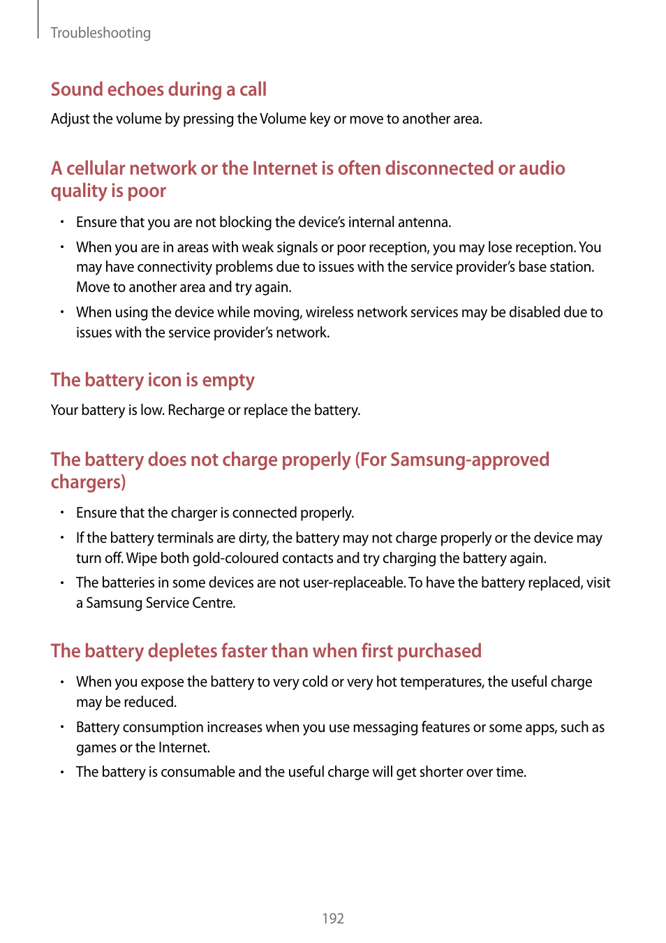Sound echoes during a call, The battery icon is empty | Samsung Galaxy Note Edge User Manual | Page 192 / 208
