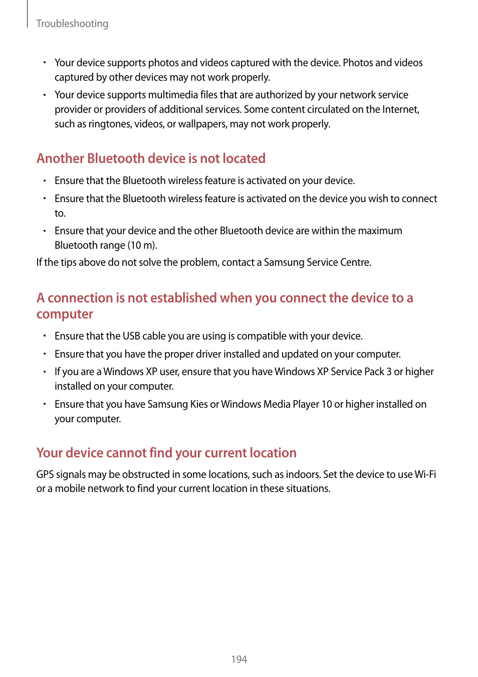 Another bluetooth device is not located, Your device cannot find your current location | Samsung Galaxy Note Edge User Manual | Page 194 / 208