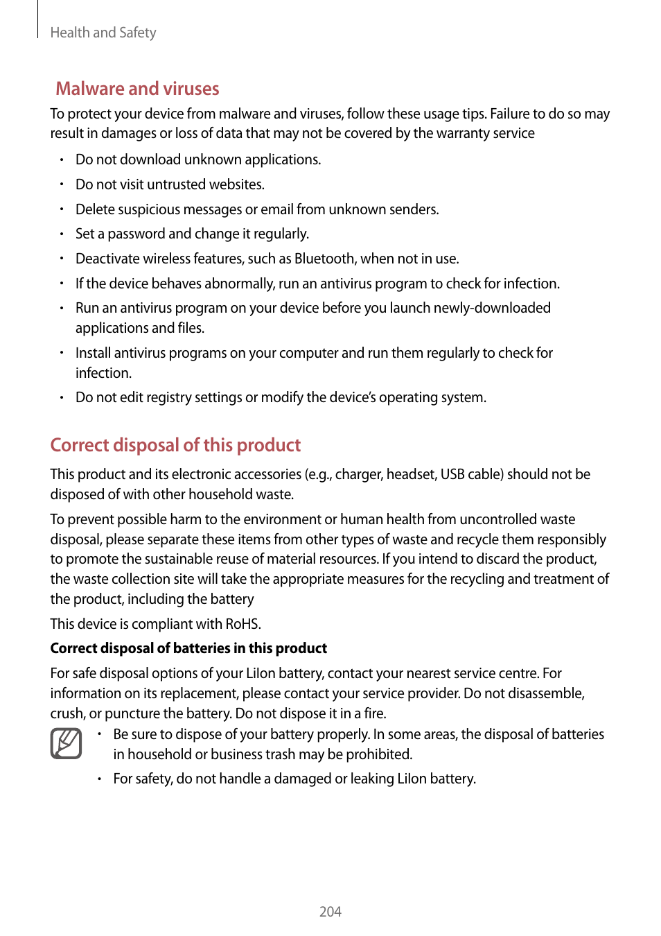 Malware and viruses, Correct disposal of this product | Samsung Galaxy Note Edge User Manual | Page 204 / 208