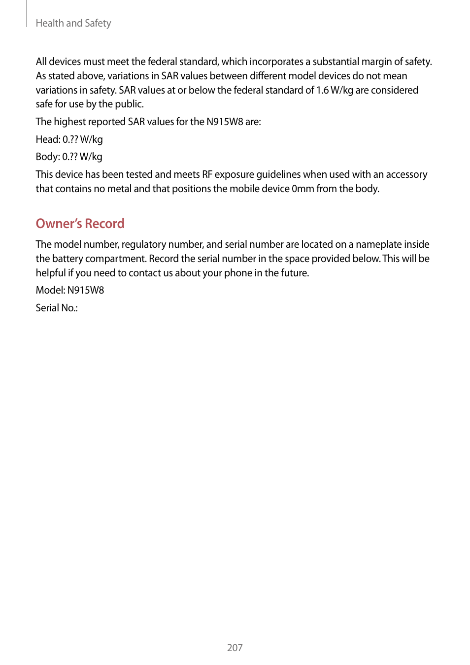 Owner’s record | Samsung Galaxy Note Edge User Manual | Page 207 / 208