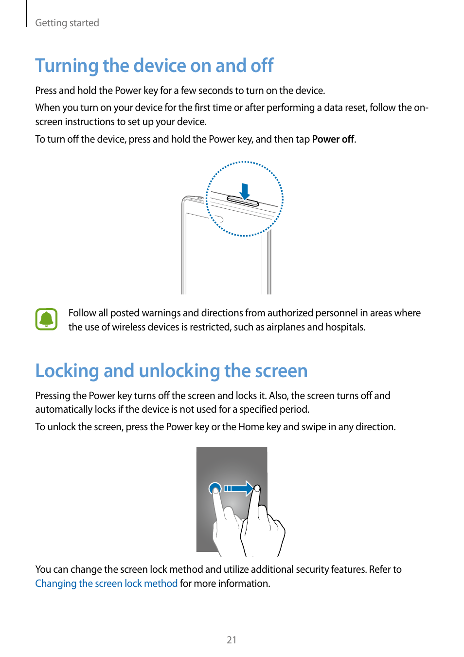 Turning the device on and off, Locking and unlocking the screen | Samsung Galaxy Note Edge User Manual | Page 21 / 208