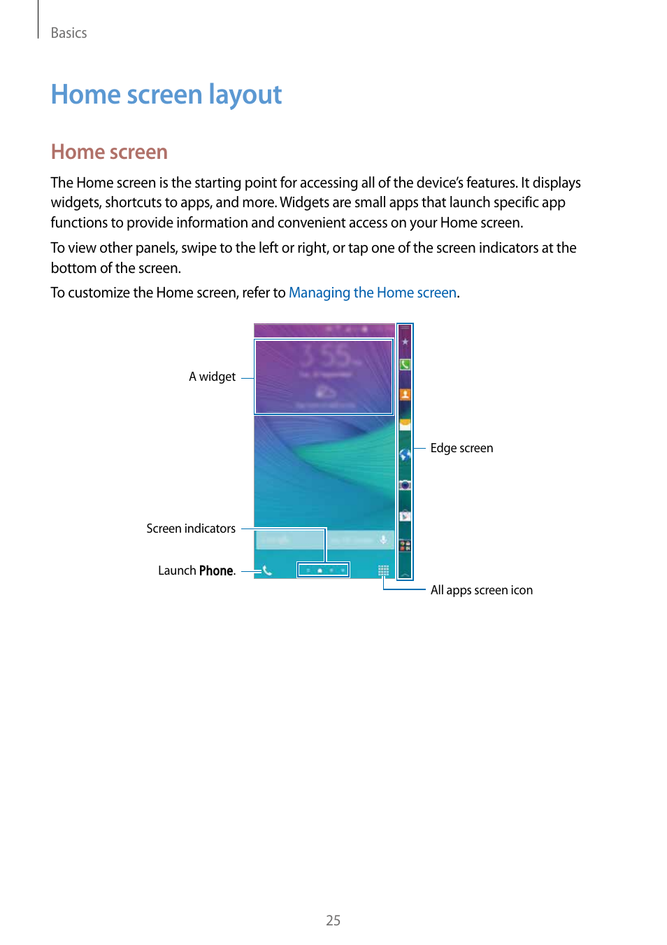 Home screen layout, 25 home screen layout, Home screen | Samsung Galaxy Note Edge User Manual | Page 25 / 208