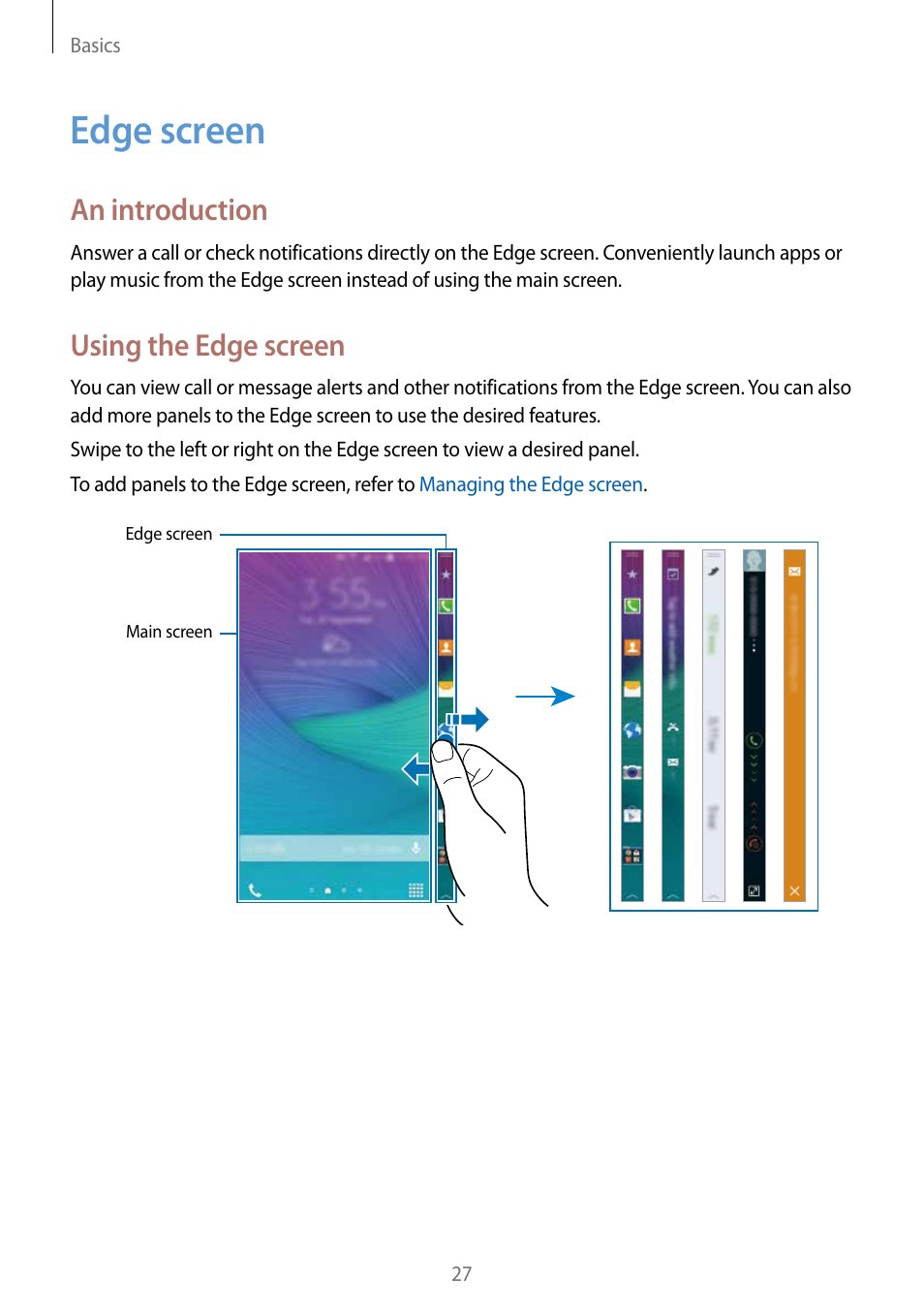 Edge screen, 27 edge screen, An introduction | Using the edge screen | Samsung Galaxy Note Edge User Manual | Page 27 / 208