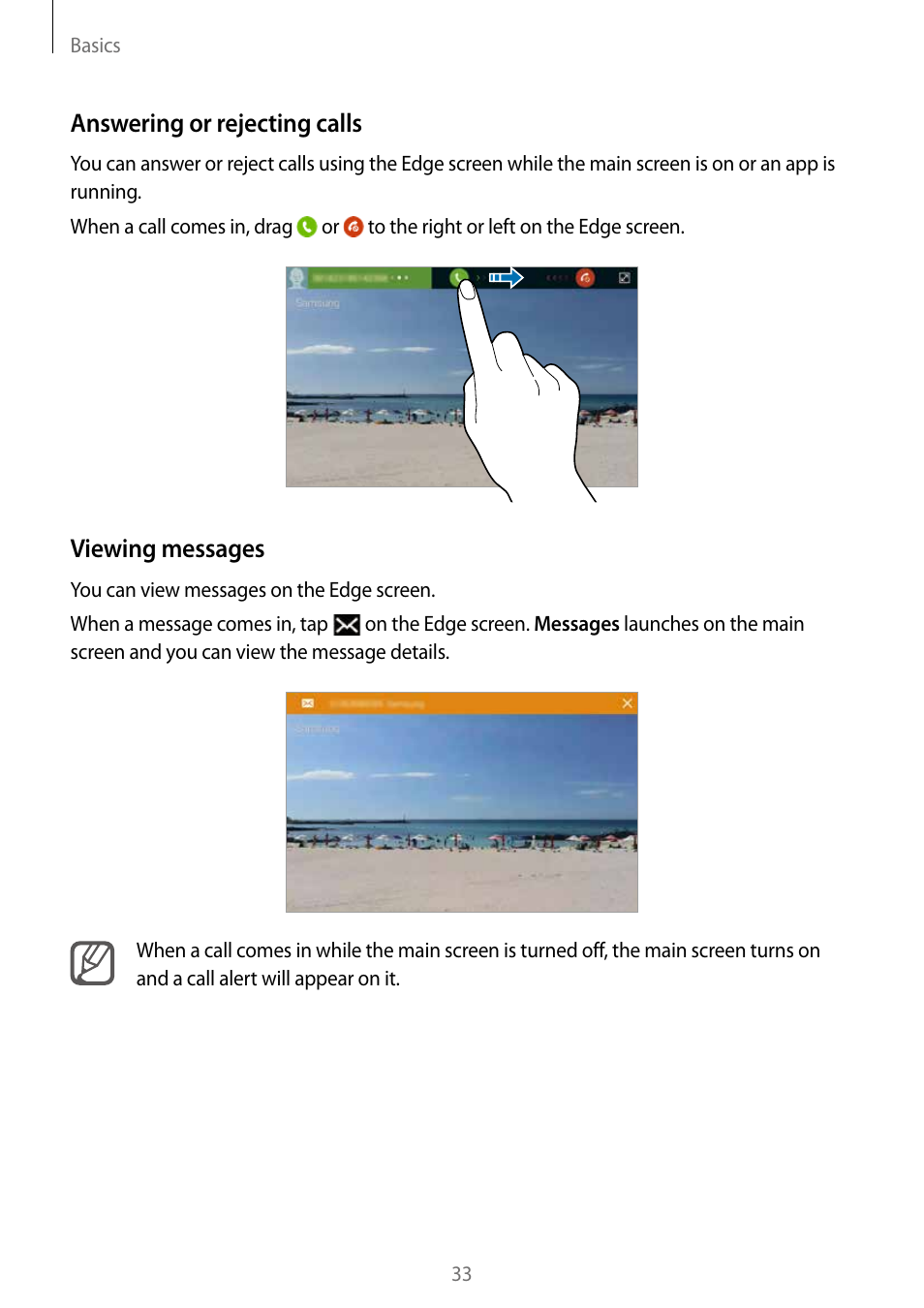 Answering or rejecting calls, Viewing messages | Samsung Galaxy Note Edge User Manual | Page 33 / 208