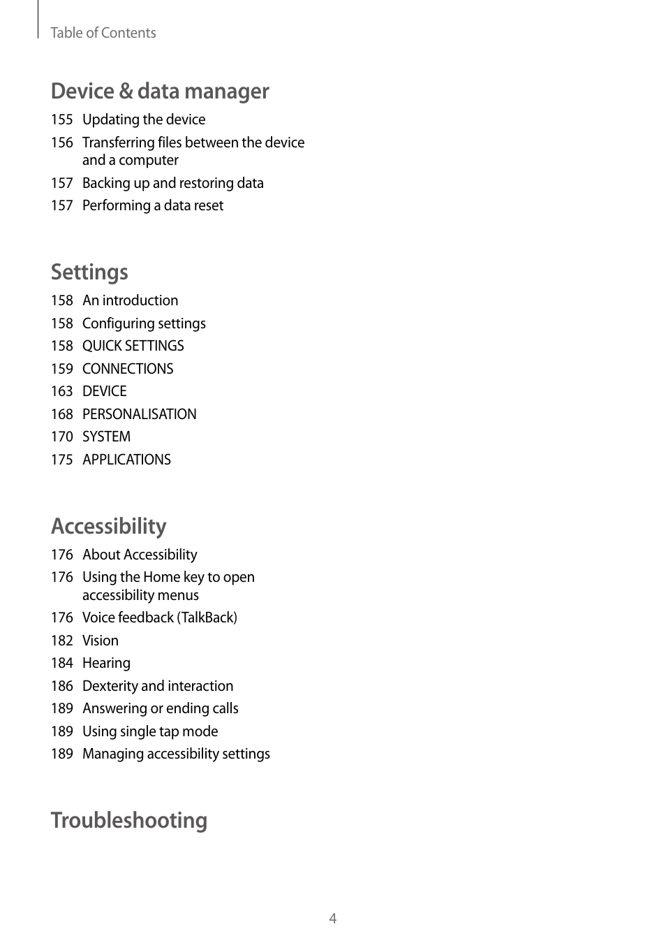 Device & data manager, Settings, Accessibility | Troubleshooting | Samsung Galaxy Note Edge User Manual | Page 4 / 208