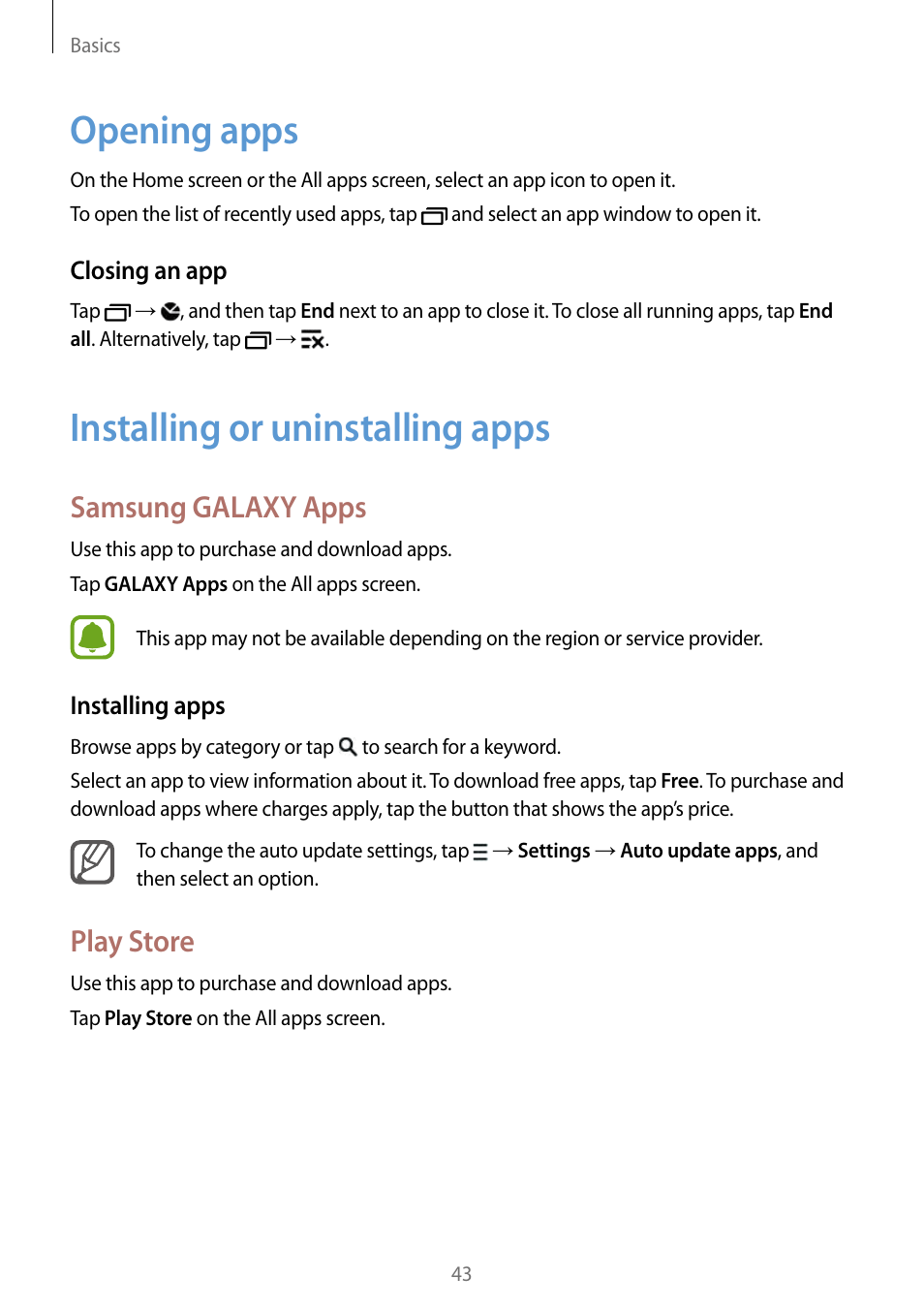 Opening apps, Installing or uninstalling apps, 43 opening apps 43 installing or uninstalling apps | Samsung galaxy apps, Play store | Samsung Galaxy Note Edge User Manual | Page 43 / 208