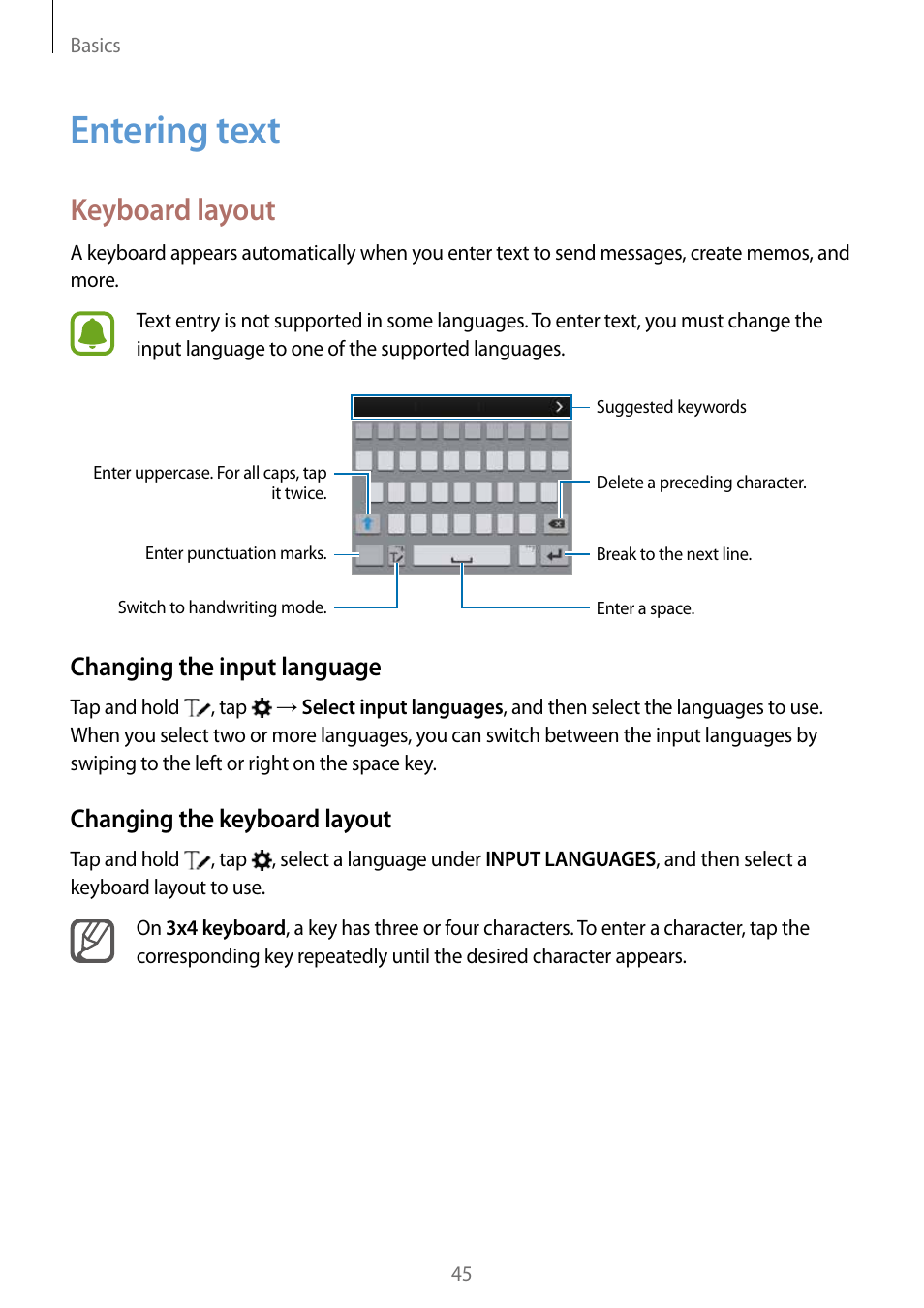 Entering text, 45 entering text, Keyboard layout | Changing the input language, Changing the keyboard layout | Samsung Galaxy Note Edge User Manual | Page 45 / 208
