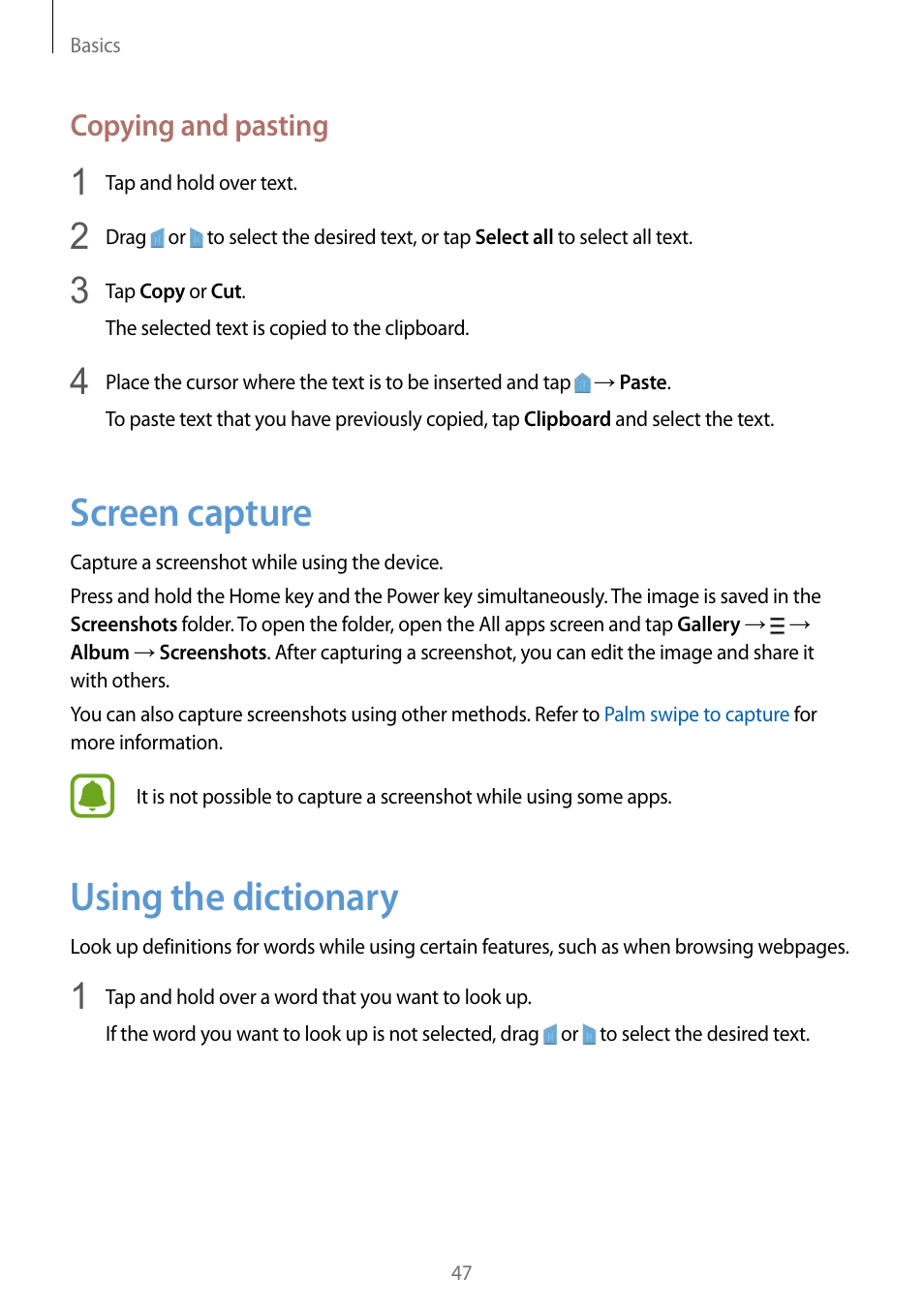 Screen capture, Using the dictionary, 47 screen capture 47 using the dictionary | Copying and pasting | Samsung Galaxy Note Edge User Manual | Page 47 / 208