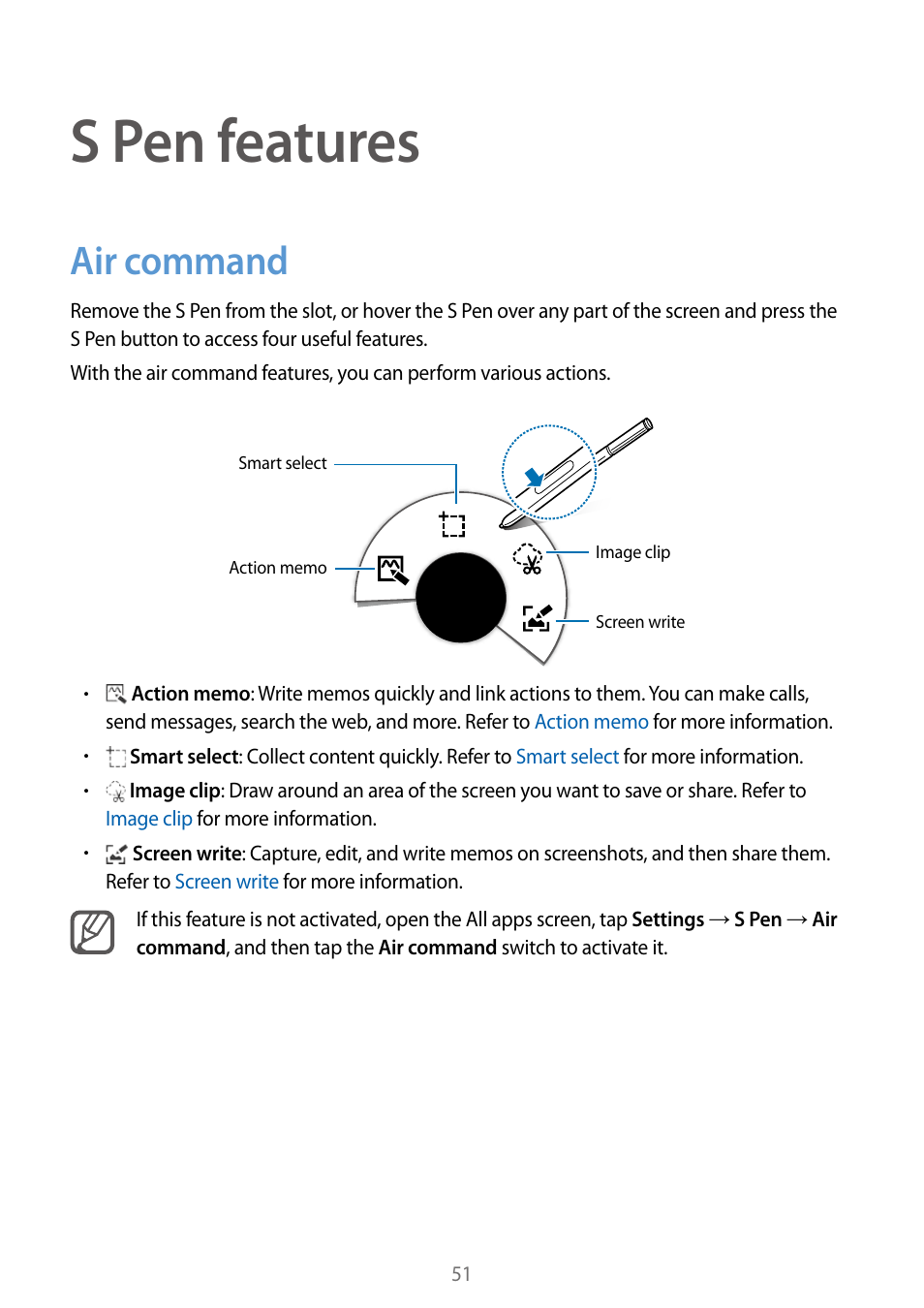 S pen features, Air command, 51 air command | Samsung Galaxy Note Edge User Manual | Page 51 / 208