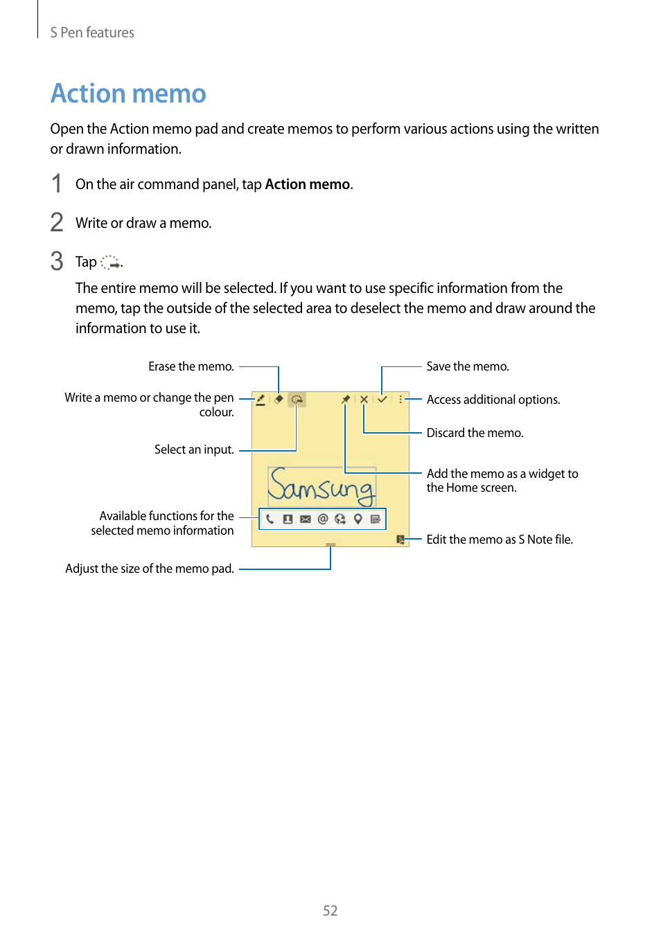 Action memo, 52 action memo | Samsung Galaxy Note Edge User Manual | Page 52 / 208