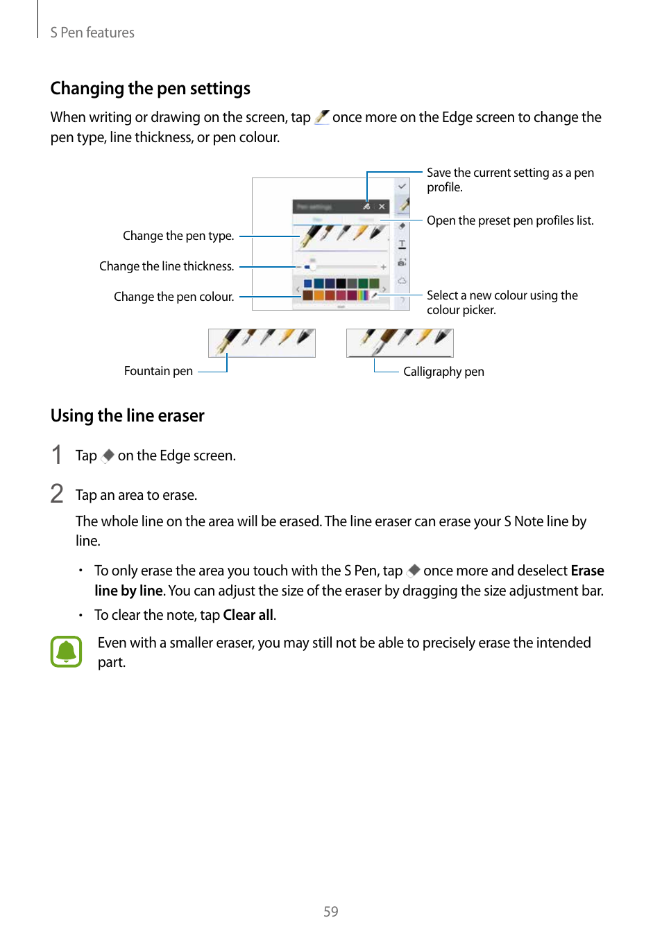 Changing the pen settings, Using the line eraser | Samsung Galaxy Note Edge User Manual | Page 59 / 208