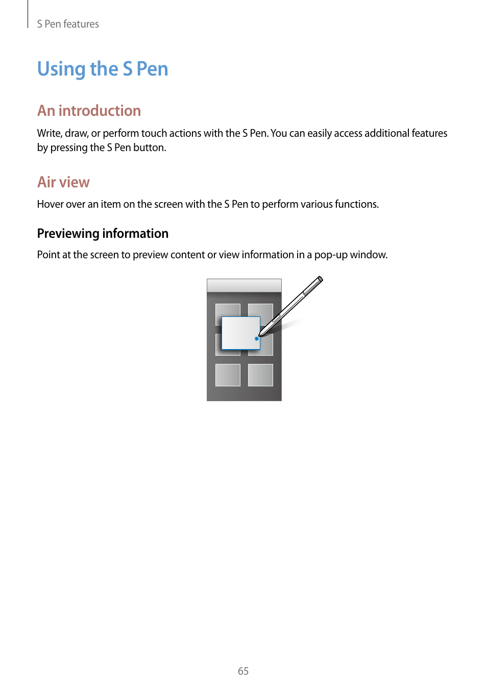 Using the s pen, 65 using the s pen, An introduction | Air view | Samsung Galaxy Note Edge User Manual | Page 65 / 208
