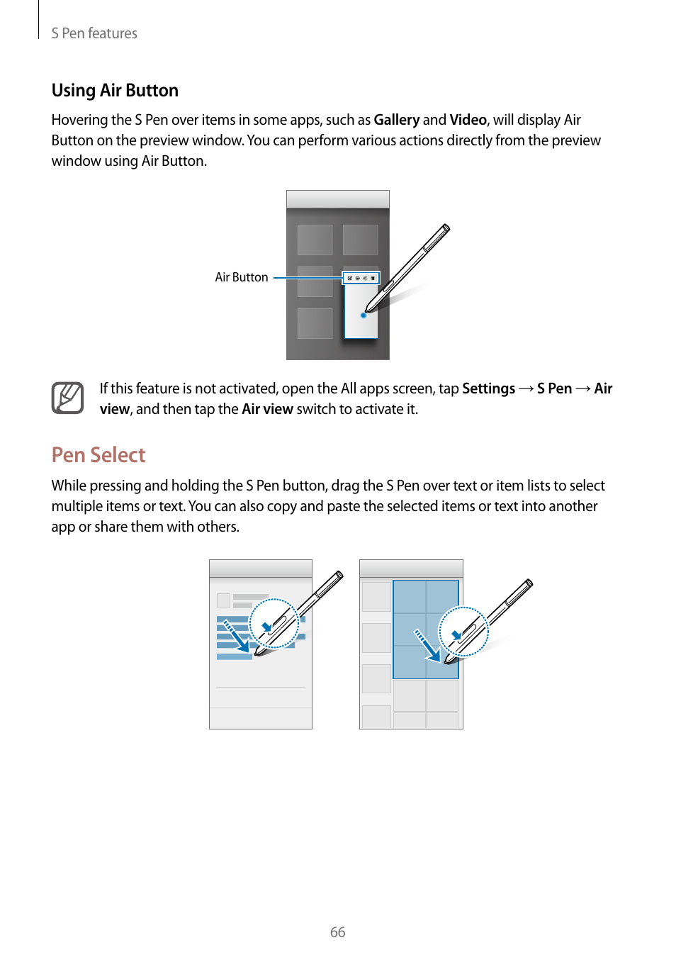 Pen select, Using air button | Samsung Galaxy Note Edge User Manual | Page 66 / 208