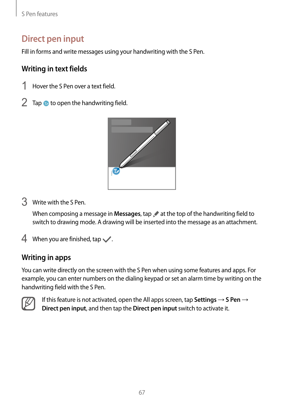 Direct pen input | Samsung Galaxy Note Edge User Manual | Page 67 / 208