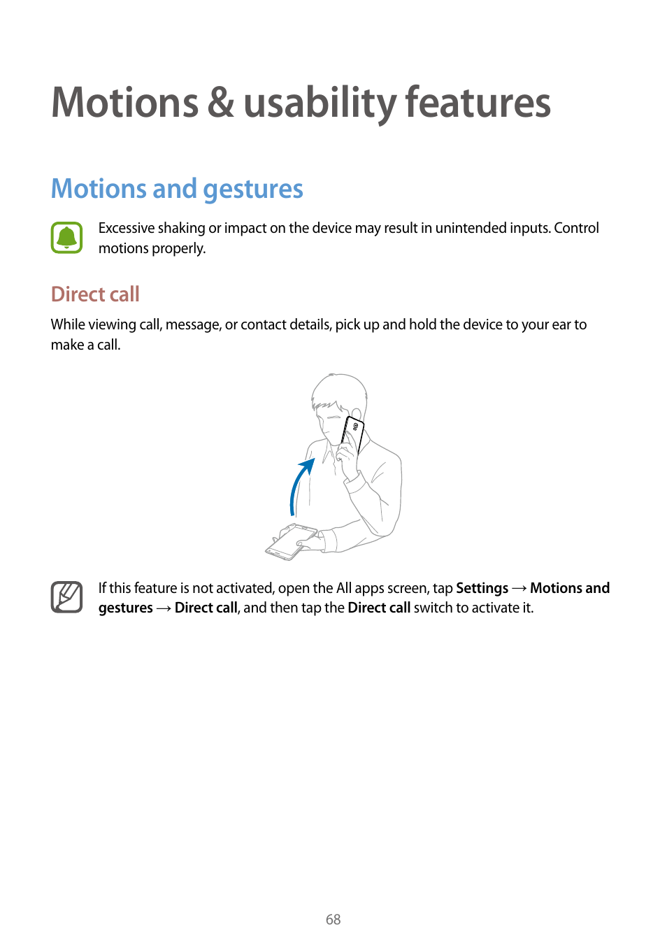 Motions & usability features, Motions and gestures, 68 motions and gestures | Samsung Galaxy Note Edge User Manual | Page 68 / 208