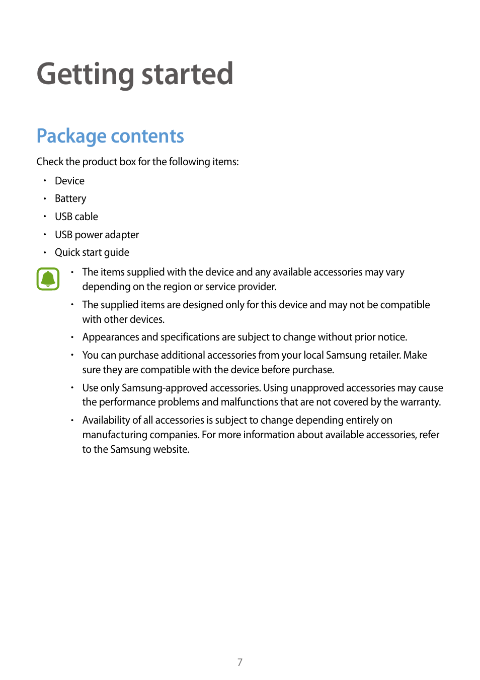 Getting started, Package contents | Samsung Galaxy Note Edge User Manual | Page 7 / 208